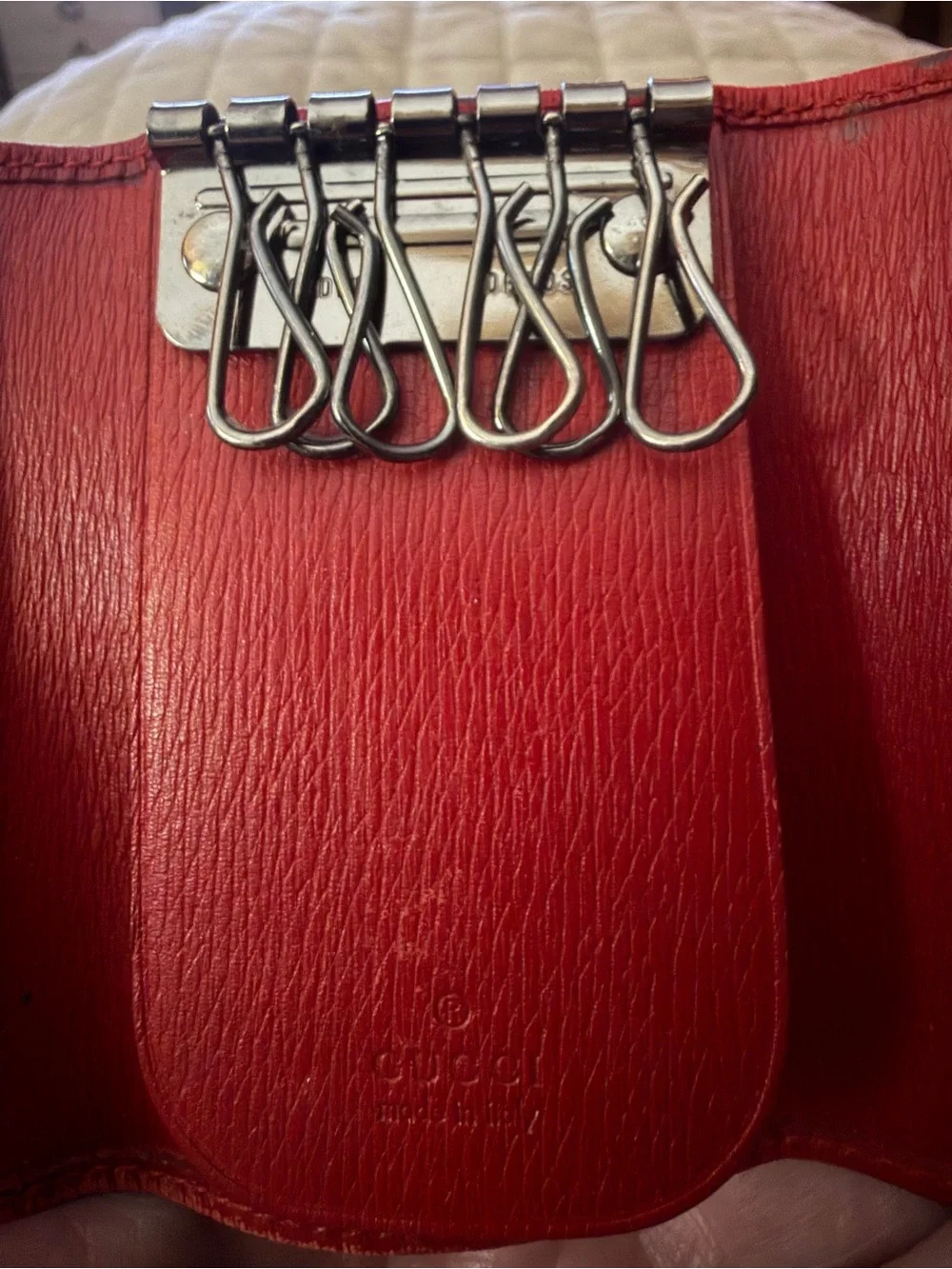 GUCCI Red Leather Key Case/Card Holder w/Silver-Tone Gucci Closure & Hardware